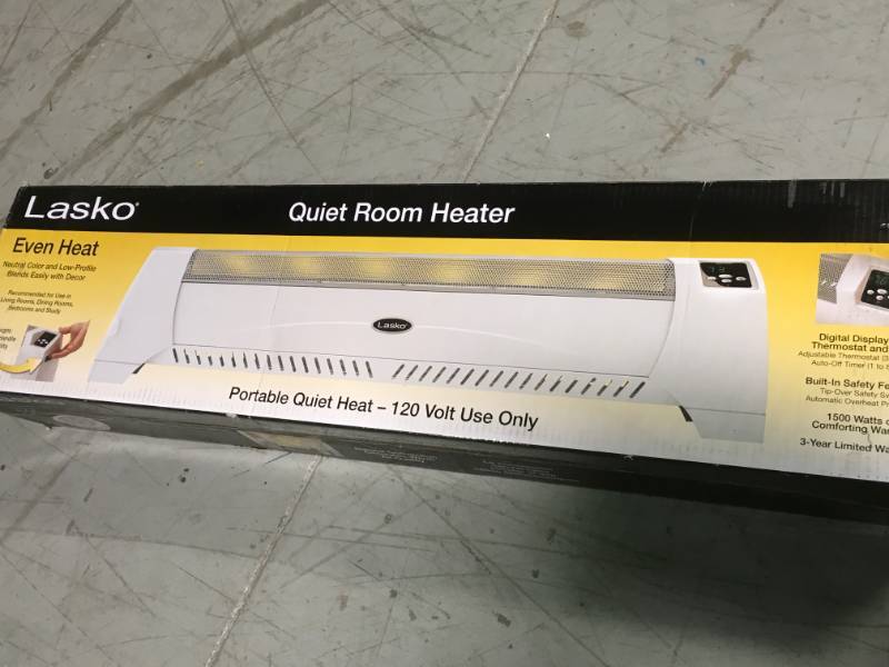 lot 69 image: Lasko 1,500-Watt Low Profile Silent Room Heater with Digital Display, White open box in like new condition