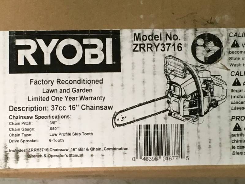 lot 75 image: Ryobi Reconditioned 16 in. 37cc 2-Cycle Gas Chainsaw