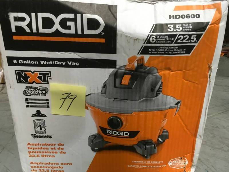 lot 79 image: RIDGID 6 Gal. 3.5-Peak HP NXT WetDry Vac  open box in really good condition