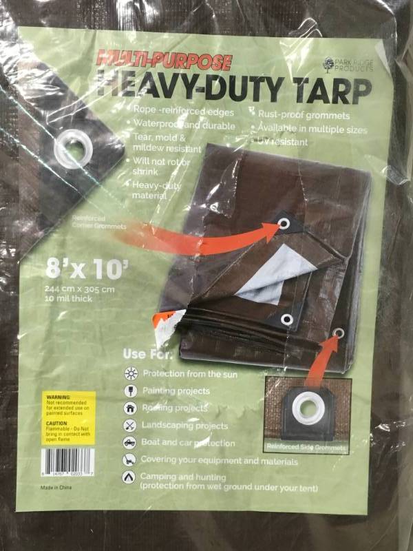 lot 94 image: TAFCO PRODUCTS 8 ft. x 10 ft. Heavy-Duty BrownSilver Reversible Poly 10 mil Tarp Kit Include 4 Free Bungee Hook Tie Downs not used