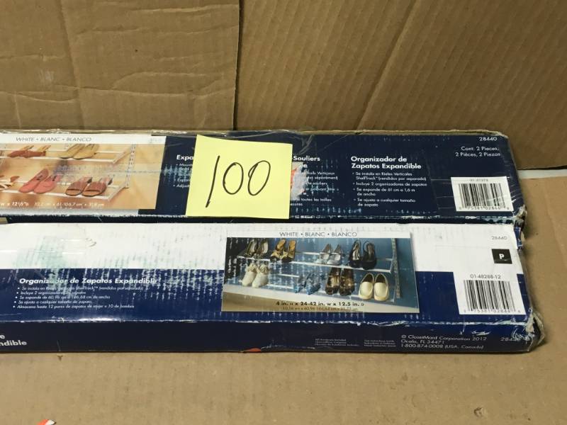 lot 100 image: ClosetMaid ShelfTrack Expandable 2-Rack Shoe Organizer - White not used