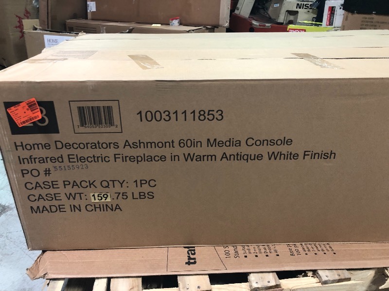 lot 104 image: Home Decorators Collection Ashmont 60 in. Freestanding Electric Fireplace TV Stand in Antique White IN GOOD CONDITIONS