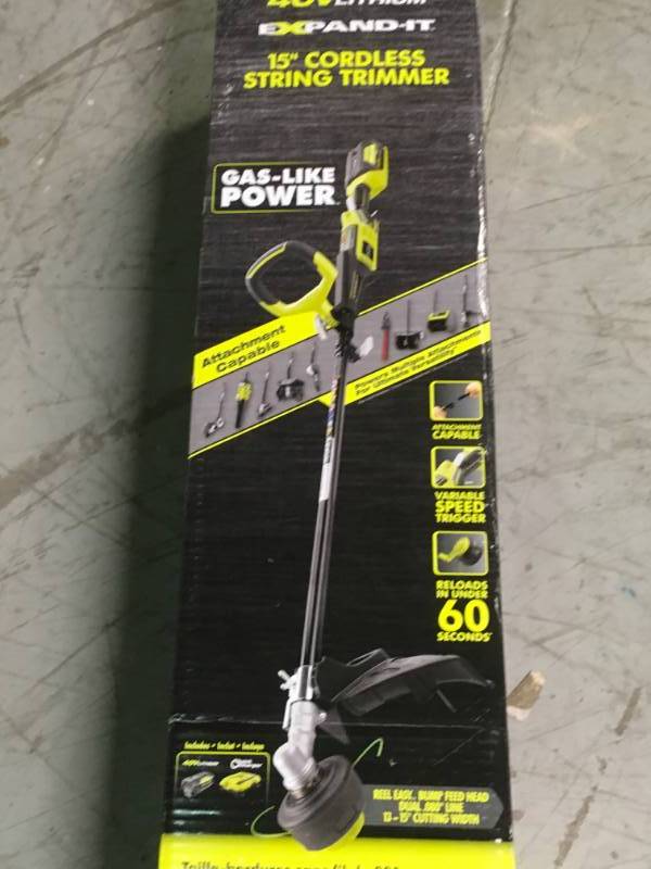 lot 3 image: Ryobi 40-Volt Lithium-Ion Cordless Attachment Capable String Trimmer - 2.6 Ah Battery and Charger Included open box in new condition