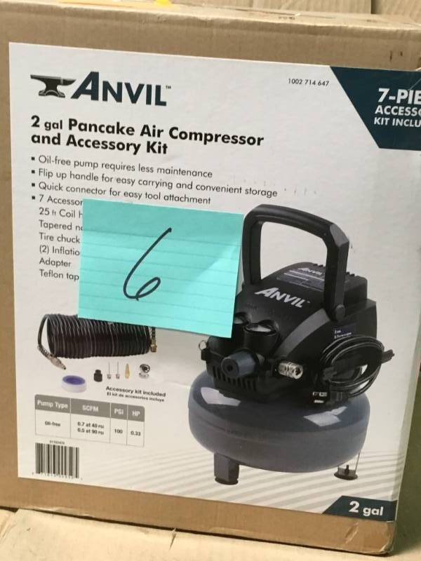 lot 6 image: ANVIL 2G Pancake Air Compressor with 7-Piece Accessories Kit vopen box in new condition