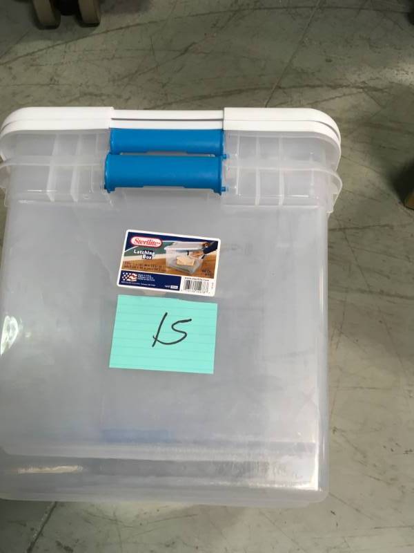 lot 15 image: Sterilite 64 Qt. Latching Storage Box open box in new condition
