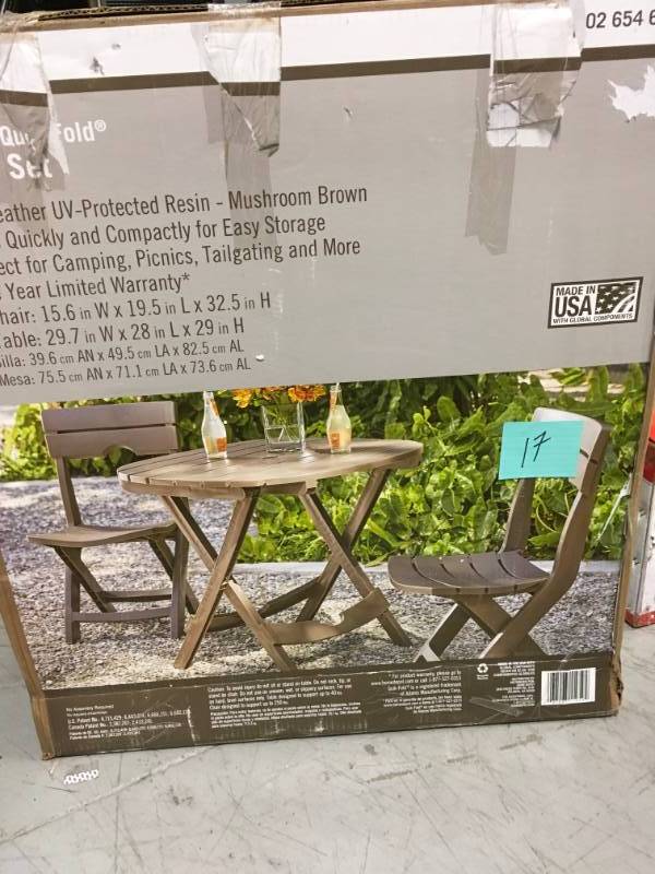 lot 17 image: OUTDOOR Quick Fold tabe and 2 Chairs open box in new condition