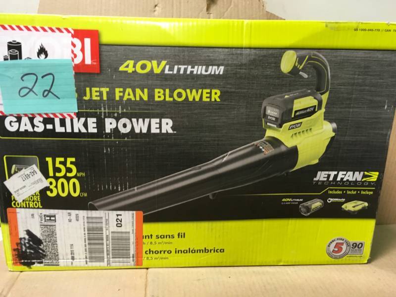 lot 22 image: Ryobi 155 MPH 300 CFM 40-Volt Lithium-Ion Cordless Jet Fan Blower - 2.6 Ah Battery and Charger Included open box in new condition
