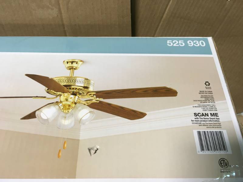 lot 27 image: Hampton Bay 52 in. LED Landmark Indoor Polished Brass Ceiling Fan with Light Kit open box in new condition