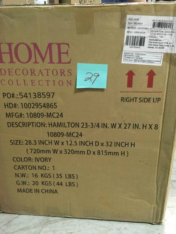 lot 29 image: Home Decorators Collection Hamilton 23-34 in. W x 27 in. H x 8 in. D Framed Surface-Mount Bathroom Medicine Cabinet in Ivory open box in new condition