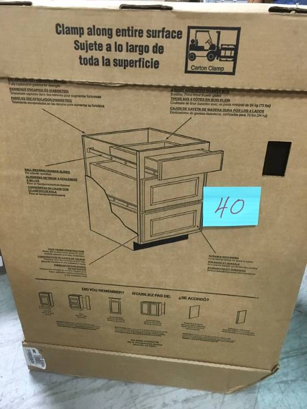 lot 40 image: Hampton Bay Shaker Assembled 18x34.5x24 in. Drawer Base Kitchen Cabinet with Ball-Bearing Drawer Glides in Java open box in new condition