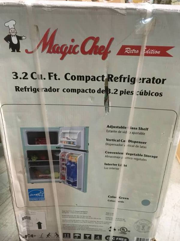lot 49 image: Magic Chef Retro 3.2 cu. ft. 2-Door Mini Refrigerator in Mint Green open box in new condition
