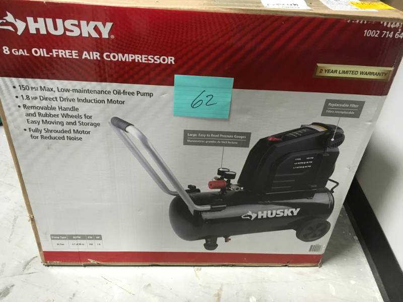 lot 62 image: Husky 0300816 8G 150 PSI Hotdog Air Compressor in good condition
