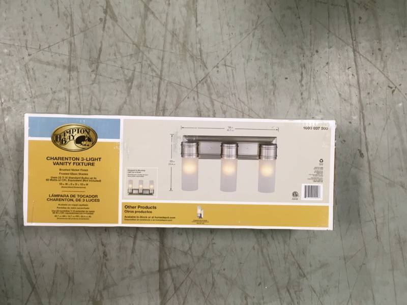 lot 66 image: HAMPTON BAY CHARENTON 3-LIGHT VANITY FIXTURE BRUSHED NICKEL open box in new condition