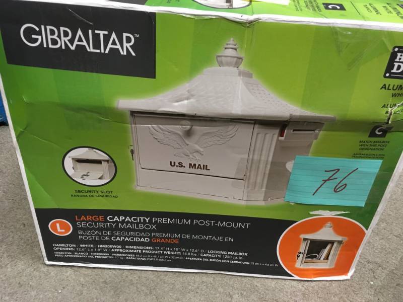 lot 76 image: Gibraltar Mailboxes Hamilton White Locking Aluminum Large Post-Mount Mailbox open box in new condition