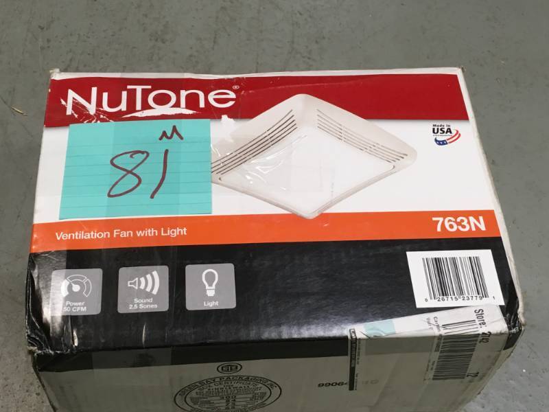 lot 81 image: NuTone 50 CFM Ceiling Bathroom Exhaust Fan with Light open box in new condition