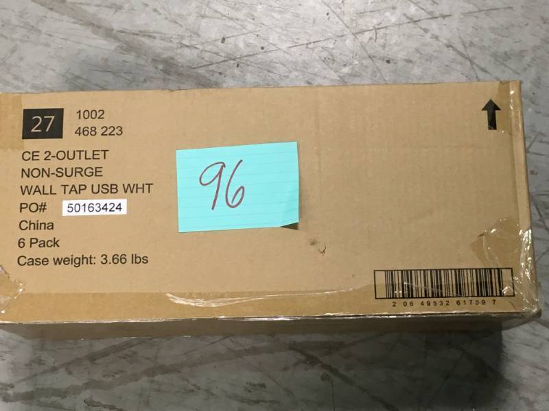 lot 96 image: Commercial Electric 4.2 Amp 2-Outlet 2-USB Wall Tap Power Station, White CASE 6 PACK open box in new condition