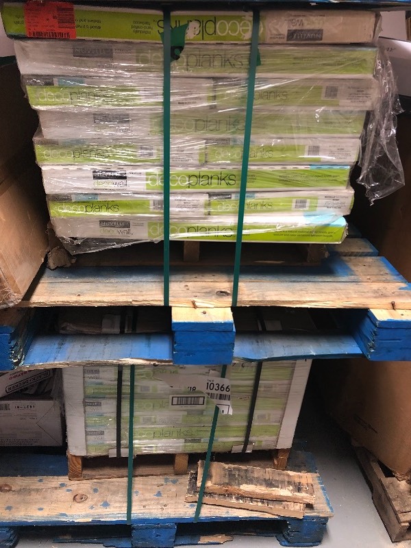lot 109 image: Nuvelle Deco Planks Light House White Washed 12 in. x 4 in. Wide x 24 in. Length Solid Hardwood Wall Planks (10 sq. ft.  case) 48 CASES NOT USED RETAIL  $4752