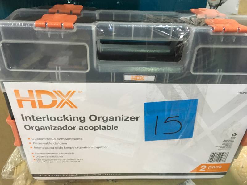 lot 15 image: HDX 15-Compartment Interlocking Small Parts Organizer in Black (2-Pack) open box in new condition