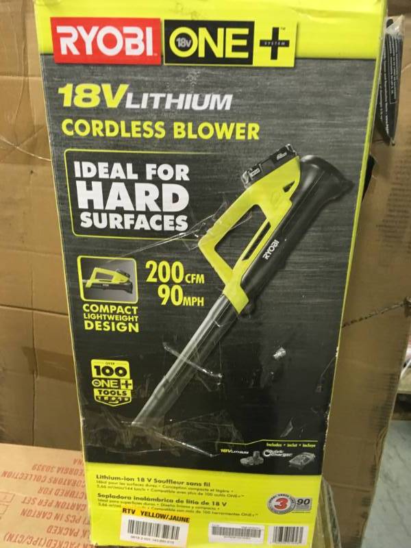 lot 17 image: Ryobi ONE 90 MPH 200 CFM 18-Volt Lithium-Ion Cordless Leaf Blower - 2.0 Ah Battery and Charger Included open box in new condition
