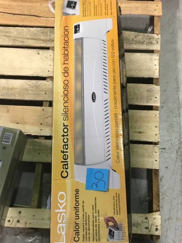 lot 30 image: Lasko 1,500-Watt Low Profile Silent Room Heater with Digital Display, White open box in new condition