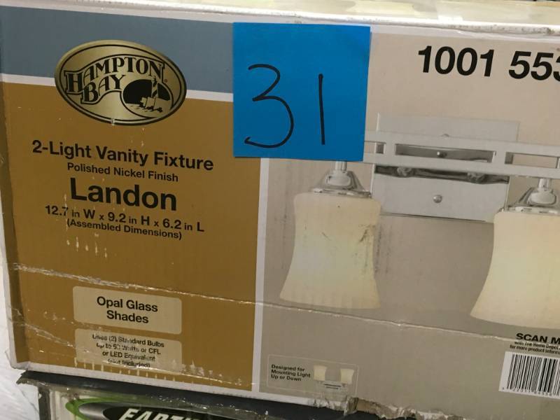 lot 31 image: Hampton Bay Landon 2-Light Polished Nickel Vanity Light with Dual Bar and Frosted Glass Shades open box in new condition