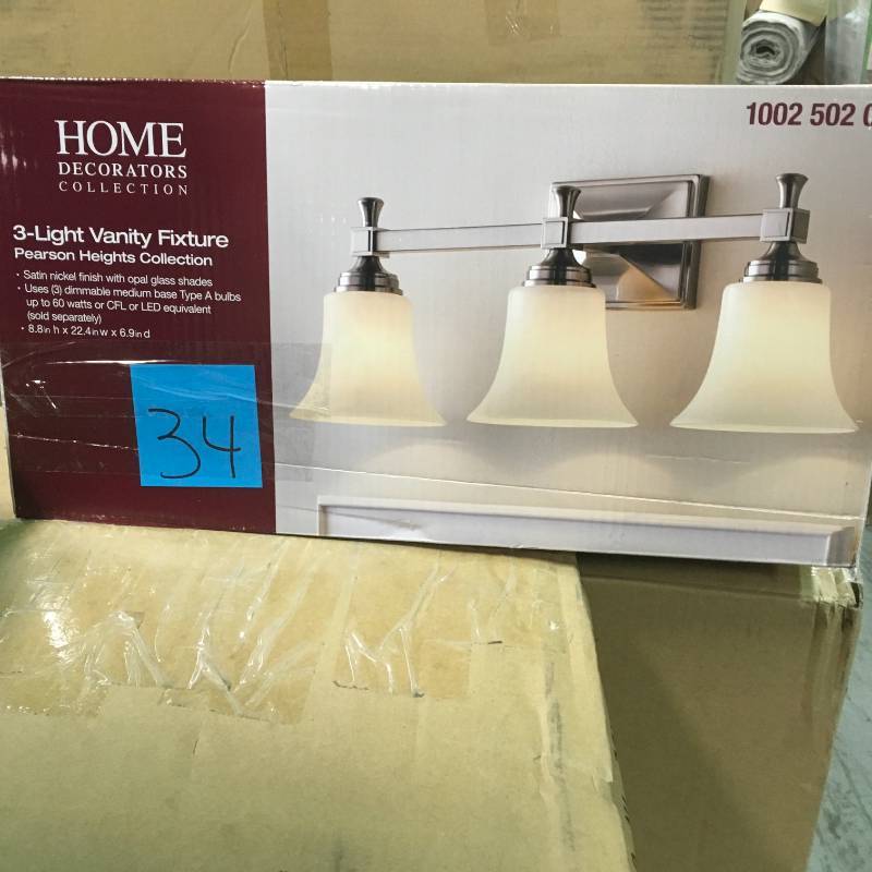 lot 34 image: Home Decorators Collection 3-Light Satin Nickel Bath Sconce with Opal Glass Shades open box in new condition