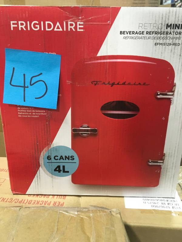lot 45 image: Frigidaire 6 Can Mini Retro Mini Refrigerator in Red open box in new condition