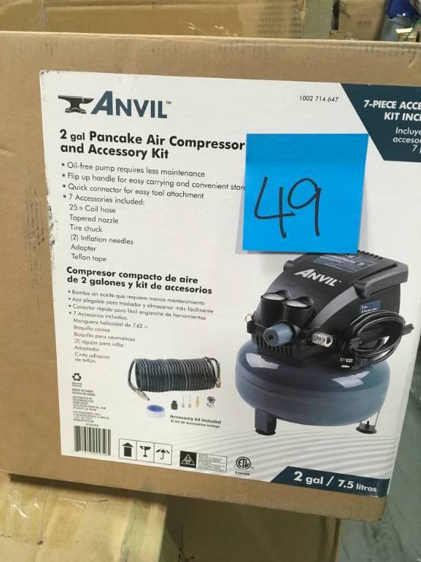 lot 49 image: ANVIL 2G Pancake Air Compressor with 7-Piece Accessories Kit open box in new condition