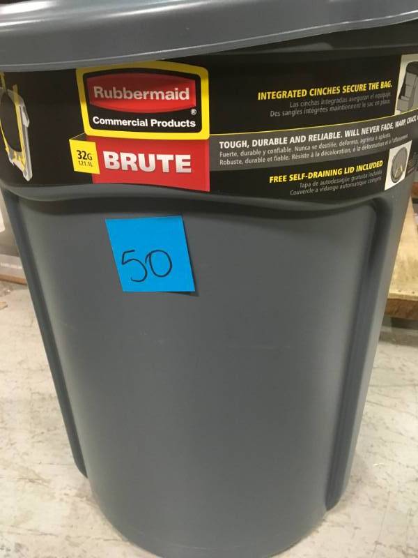 lot 50 image: Rubbermaid Commercial Products Brute 32 Gal. Gray Round Vented Trash Can with Lid open box in new condition