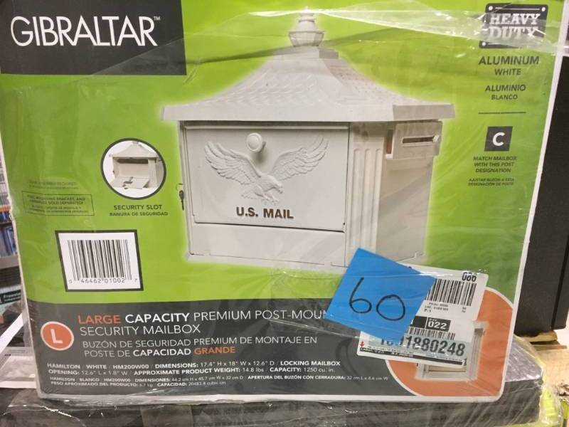 lot 60 image: Gibraltar Mailboxes Hamilton White Locking Aluminum Large Post-Mount Mailbox open box in new condition