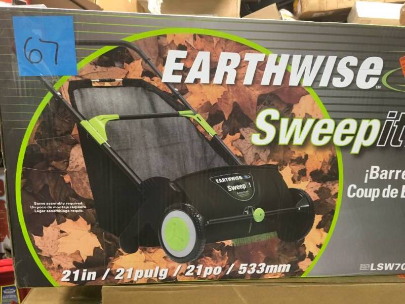 lot 67 image: Earthwise 21 in. Sweep-It Push Lawn Sweeper with 2.61 Bushel Collection Bag open box in new condition