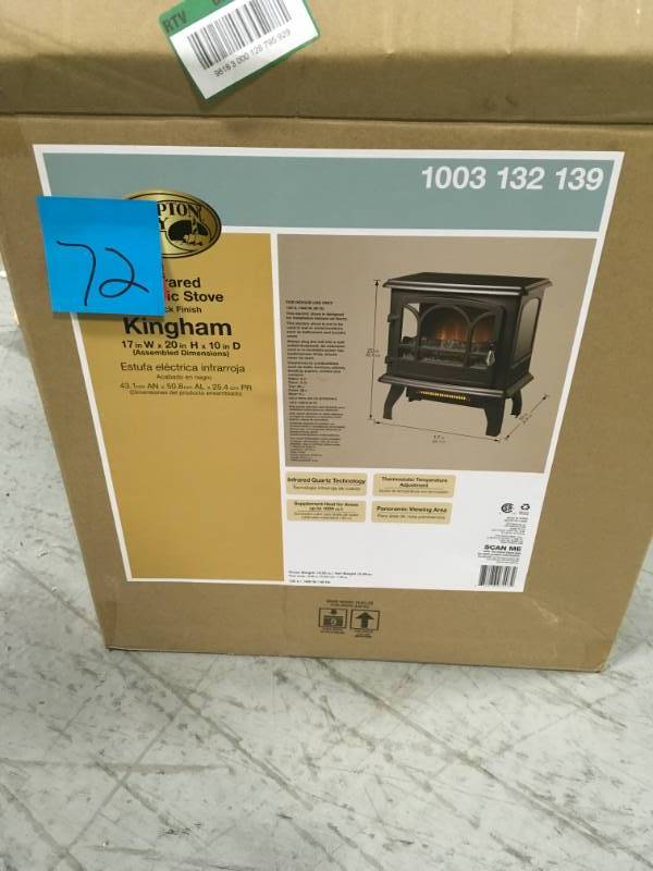 lot 72 image: Hampton Bay Kingham 1,000 sq. ft. Panoramic Infrared Electric Stove in Black with Electronic Thermostat open box in new condition