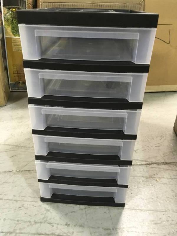lot 73 image: IRIS 68 Qt. 6 Drawer Storage Bin in Black open box in new condition