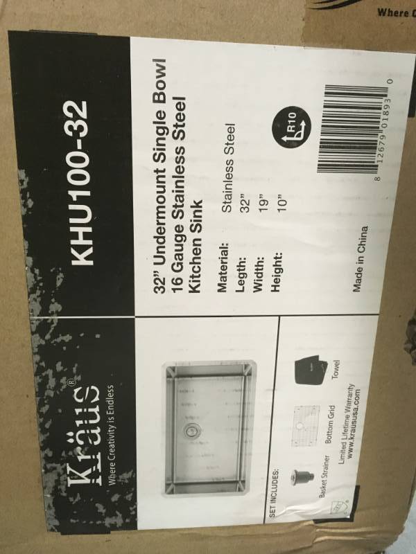lot 77 image: Kraus KHU100-32 Undermount 32-in 16G 1-Bowl Satin Stainless Steel Kitchen Sink, Grid, Strainer, not used