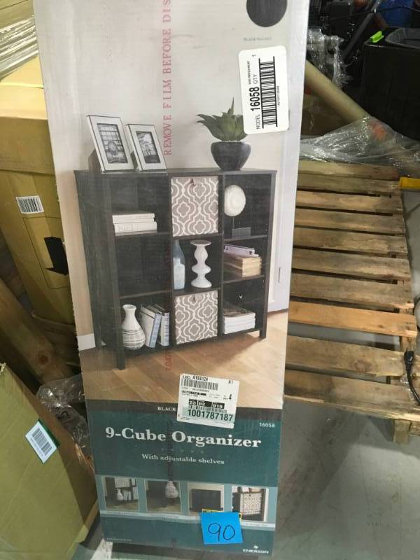 lot 90 image: ClosetMaid 38 in. W x 38 in. H Black Walnut 9-Cube Organizer not used