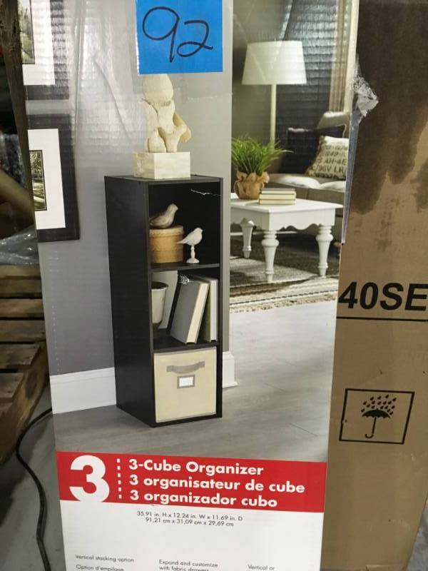 lot 92 image: ClosetMaid 12 in. W x 36 in. H Espresso Stackable 3-Cube Organizer not used