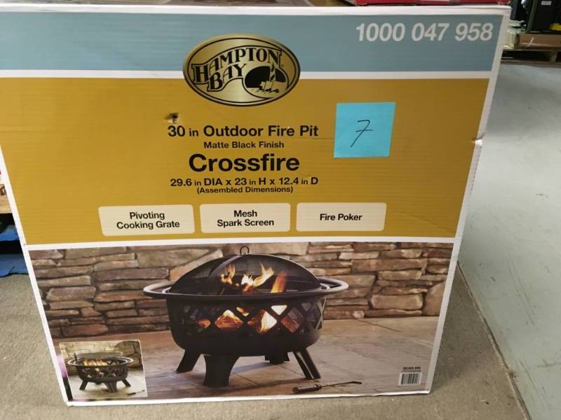 Hampton Bay Crossfire 29.50 in. Steel Fire Pit with Cooking Grate open box in new condition