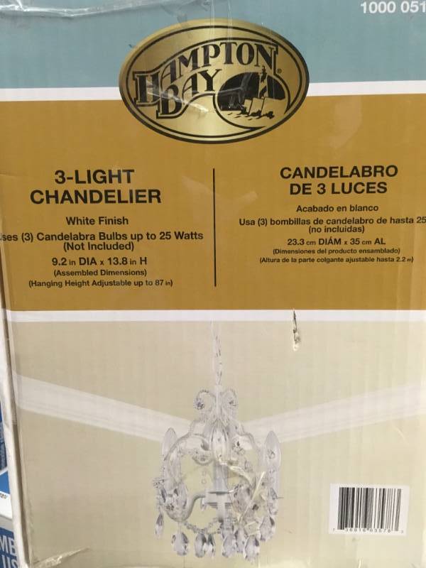 Hampton Bay 3-Light White Mini Chandelier with Crystal Drops and Crystal Bead Strands not used