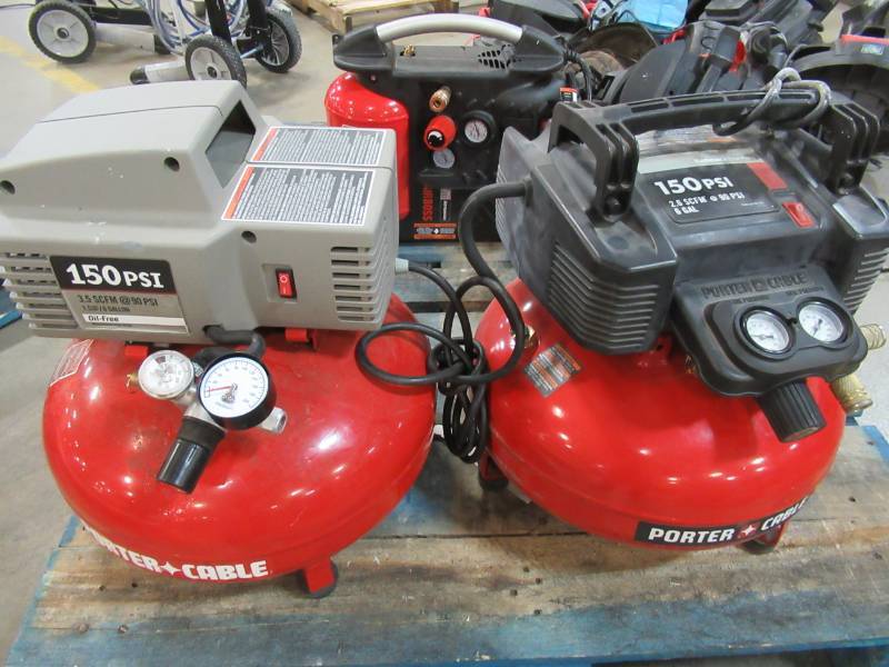 lot 5 image: 2 Porter Cable 6 Gallon Pancake and NuAir Airboss Compressors - Missing Parts, Have Issues.