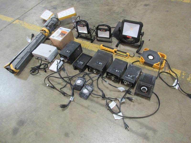 lot 15 image: Outdoor Timers, Portfolio Transformers and LED Work Lamps.  Not Tested