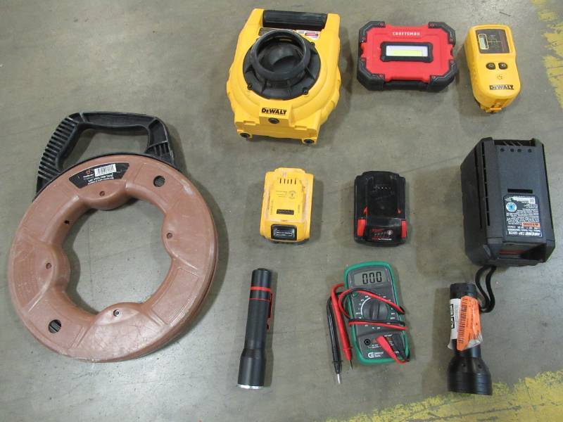 lot 26 image: Miscellaneous Batteries, Levels, Battery Tester, Flashlights and Fish Tape. - Not tested