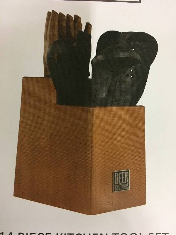 lot 70 image: Deen Brothers Universal 14-Piece Knife, Kitchen Tool & Wood Block Set, Retail $44.99