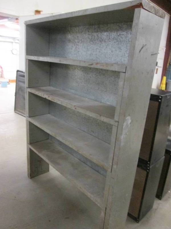 lot 8 image: Sturdy wood shop shelf with metal b...
