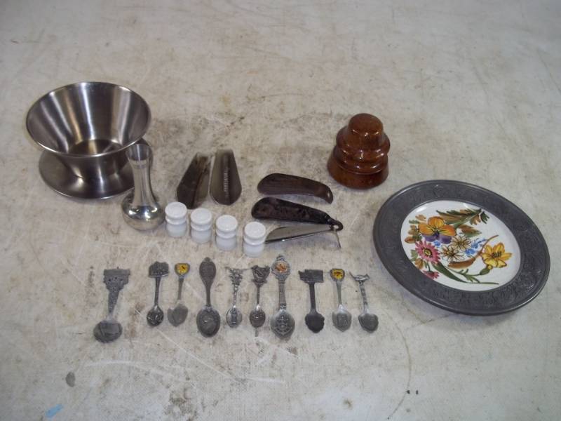 Metal Pewter spoons, Wisp Insulators, Shoe Horns, Bowl, AT&T Vase.