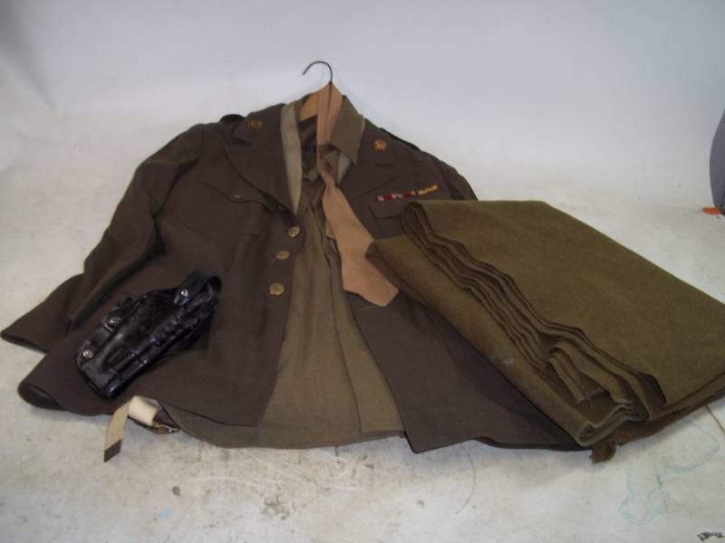 Military Army suit, belt, Tie Pins etc, Wool Blanket and Holster