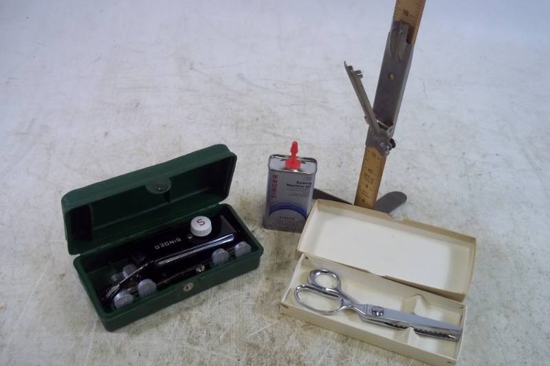 Singer Button Holder, Oil can, Skirt Marker, Italy Pinking Shears