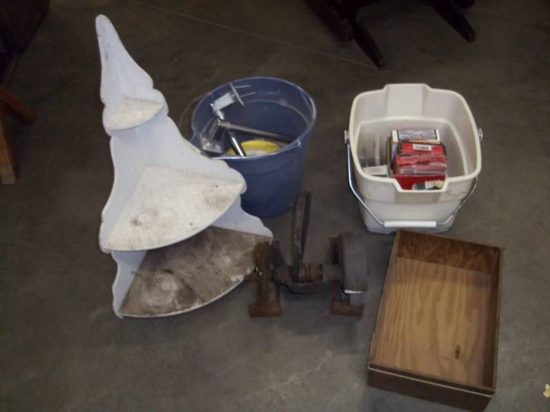 Vintage wood box, Grinder, Hardware and wood shelf