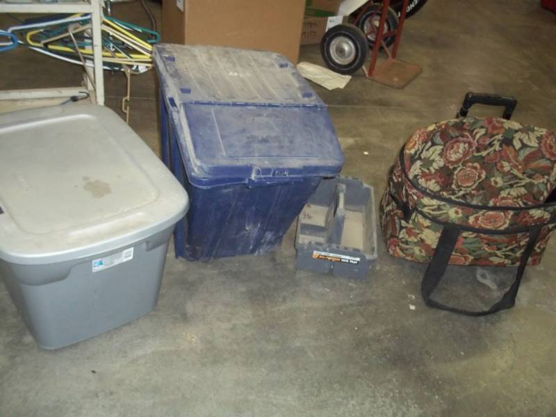 Recycling Bin, Tote with Christmas dcor, Tote Tray and Suitcase