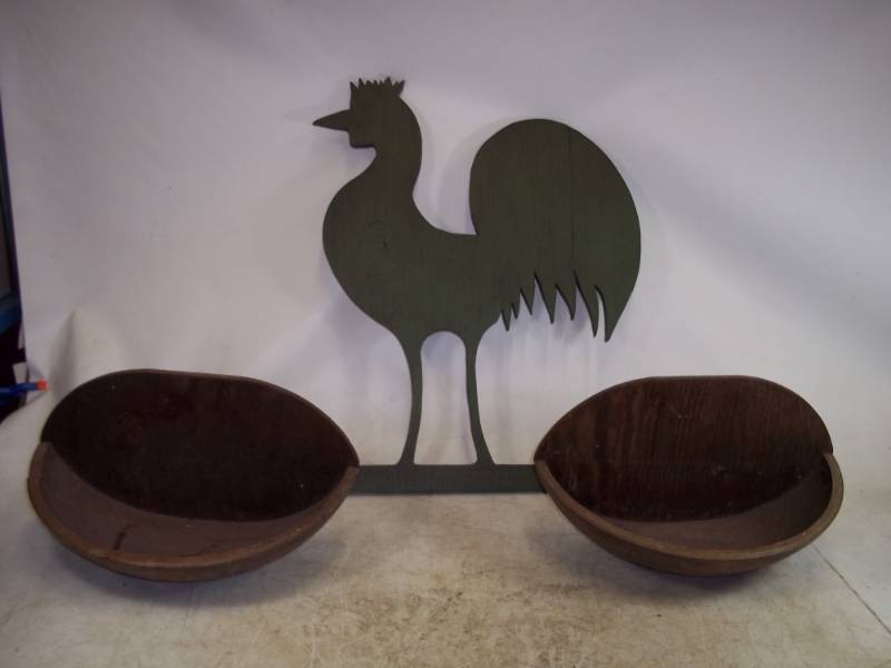 Wood Rooster and 2 Wood half bowls wall dcor