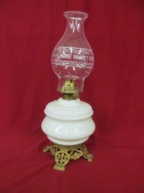 lot 108 image: vintage milk glass oil lamp